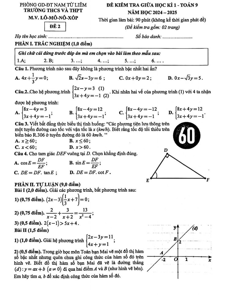 Đề kiểm tra giữa học kì 1 Toán 9 năm 2024-2025 trường M.V. Lômônôxốp,Đề kiểm tra giữa học kì 1 Toán 9