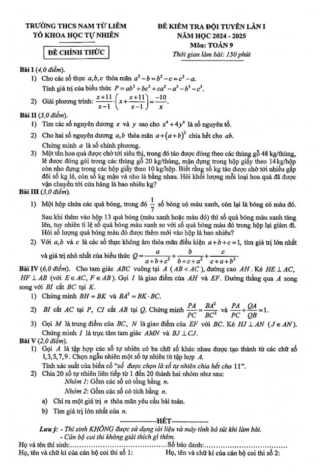 Đề kiểm tra đội tuyển lần 1 Toán 9 năm 2024-2025 trường THCS Nam Từ Liêm