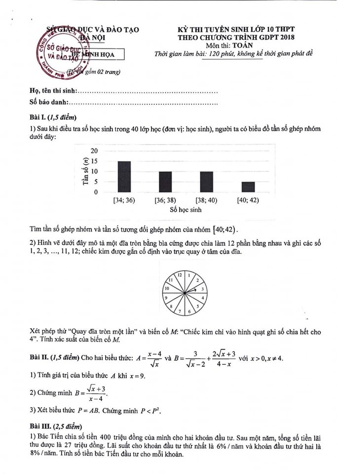 Đề minh họa Tuyển sinh lớp 10 THPT môn Toán