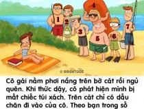 Lúc cô gái đang say giấc nồng trên bờ biển thì chiếc túi xách quý giá không cánh mà bay. Liệu bạn có thể tìm ra thủ phạm với những dữ liệu ít ỏi để lại?,đố vui IQ,đố vui iq có đáp án,đố vui hình ảnh