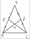 a, ta có AD = DC = 1/2 AC ( do D là trung điểm của AC )   |<br />             AE = EB = 1/2 AB ( do E là trung điểm của AB )    |=> AD = DC = AE = EB ( đpcm )<br />       mà AB = AC ( do tam giác ABC cân tại A )                  |<br />b, vì tam giác ABC cân tại A => ^B = ^C ( 2 góc ở đáy = nhau )<br /> tam giác EBC và tam giác DCB có<br />EB = DC ( câu a )   |<br />^B = ^C ( cmt )        |=> tg EBC = tg DCB ( c-g-c)<br />BC chung                |<br />=> BD = CE ( 2 cạnh t/ứ)   ( đpcm)<br />=> ^EBC = ^DCB ( 2 góc t/ứ)<br />c, vì ^EBC = ^DCB ( câu b) => tam giác AHB cân tại H