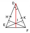 b) Theo câu a ta có : ΔEHF=ΔFKE<br />=> HE = KF<br />Xét ΔIKF và ΔIHE có :<br />góc EHF = góc EKF (= 90 độ)<br />góc HIE = góc KIF (đối đỉnh)<br />HE = KF (cmt)<br />=> ΔIKF = ΔIHE (g-c-g)<br />c) Theo câu b ta có : ΔIKF = ΔIHE<br />=> IE = IF<br />ta lại có : DE = DF<br />mà 2 điểm I và D cùng nằm trên DI<br />=> 2 điểm I và D thẳng hàng và cách đều 2 đầu mút E ; F.<br />=> DI là đường trung trực của ΔDEF<br />mà ΔDEF là Δ cân tại D<br />=> DI cũng là đường phân giác của góc EDF