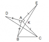 Bài 3<br />Ta có : Góc DAB = góc CAE = 90 độ => góc DAB + góc BAC = góc CAE + góc BAc<br />hay góc DAC = góc EAB<br />Xét tam giác ADC và tam giác ABE có :<br />AD = AB ; AC = AE ; góc DAC = góc EAB<br />=> tam giác ADC = tam giác ABE => DC = BE<br />Vì tam giác ADC = tam giác ABE nên góc AEB = góc ACD<br />mà góc AKE = góc BKC (đối đỉnh) , góc AKE + góc AEB = 90 độ<br />=> góc BKC + góc AEB = 90 độ hay góc BKC + góc ACD = 90 độ<br />=> góc DC vuông góc BE