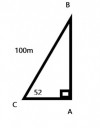 Đặt AB: chiều cao của diều so với mặt đất<br />       BC=100m; góc C=52 độ<br />*Xét tam giác ABC(góc A=90 độ):<br />=>SinC=AB/BC(TSLG)<br />=>sin52 độ=AB/100<br />=>AB=100.sin52 độ= xấp xỉ 79(m)<br />*Vậy chiều cao của diều so với mặt đất là xấp xỉ 79 mét