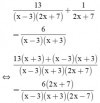 <p>⇒ 13(x + 3) + (x – 3)(x + 3) = 6(2x + 7)</p><p>⇔ 13x + 39 + x2 – 9 = 12x + 42</p><p>⇔ x2 + x – 12 = 0</p><p>⇔ x2 +4x – 3x – 12 = 0</p><p>⇔ x(x + 4) – 3(x + 4) = 0</p><p>⇔ (x – 3)(x + 4) = 0</p><p>⇔ x – 3 = 0 hoặc x + 4 = 0</p><p>x – 3 = 0 ⇔ x = 3 (không thỏa mãn đkxđ)</p><p>x + 4 = 0 ⇔ x = -4 (thỏa mãn đkxđ).</p><p>Vậy phương trình có tập nghiệm S = {-4}.</p>