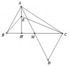 a)<br />Xét ΔABM và ΔDCM có:<br />BM = MC<br />∠(AMB) = ∠(BMC)<br />AM = MD<br />⇒ ΔABM = ΔDCM (c.g.c)<br />⇒ AB = DC (hai cạnh tương ứng)<br />b.<br />Theo câu a, AB = CD<br />mà AB < AC<br />⇒ CD < AC <br />Trong tam giác ADC có CD < AC<br />⇒ ∠(DAC) < ∠(ADC) <br />Mà ∠(BAM) = ∠(ADC)<br />( 2 góc tương ứng vì ΔABM = ΔDCM)<br />=> ∠ (MAB) > ∠(MAC)<br />c.<br />Vì tam giác ABC có AB < AC, đường cao AH<br />⇒ HB < HC<br />(quan hệ giữa hình chiếu và đường xiên) <br />Vì HB < HC<br />⇒ BE < EC<br />(quan hệ giữa hình chiếu và đường xiên) 