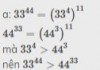 <br /><br />b) Để so sánh 1/3^300 và 1/5^199, ta có thể sử dụng quy tắc so sánh các số mũ cùng cơ số.<br /><br />Vì 3 < 5, nên ta có thể kết luận rằng 1/3^300 > 1/5^199.<br /><br />Tóm lại:<br />a) 33⁴⁴ < 44³³<br />b) 1/3^300 > 1/5^199