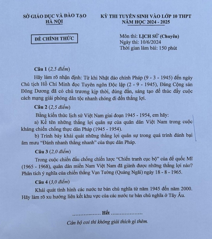 Đề thi vào 10 chuyên sử Sở GDĐT Hà Nội năm 2024,Đề thi vào 10 chuyên sử Sở GDĐT Hà Nội,Đề thi vào 10 chuyên sử,Đề thi vào 10