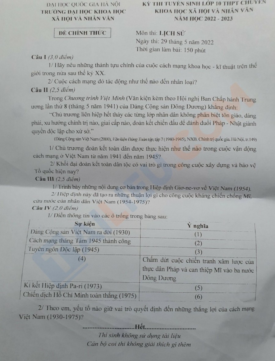 Đề thi tuyển sinh lớp 10 THPT Chuyên Khoa Học Xã Hội Và Nhân Văn,Đề thi tuyển sinh lớp 10,Đề thi tuyển sinh lớp 10 môn Sử