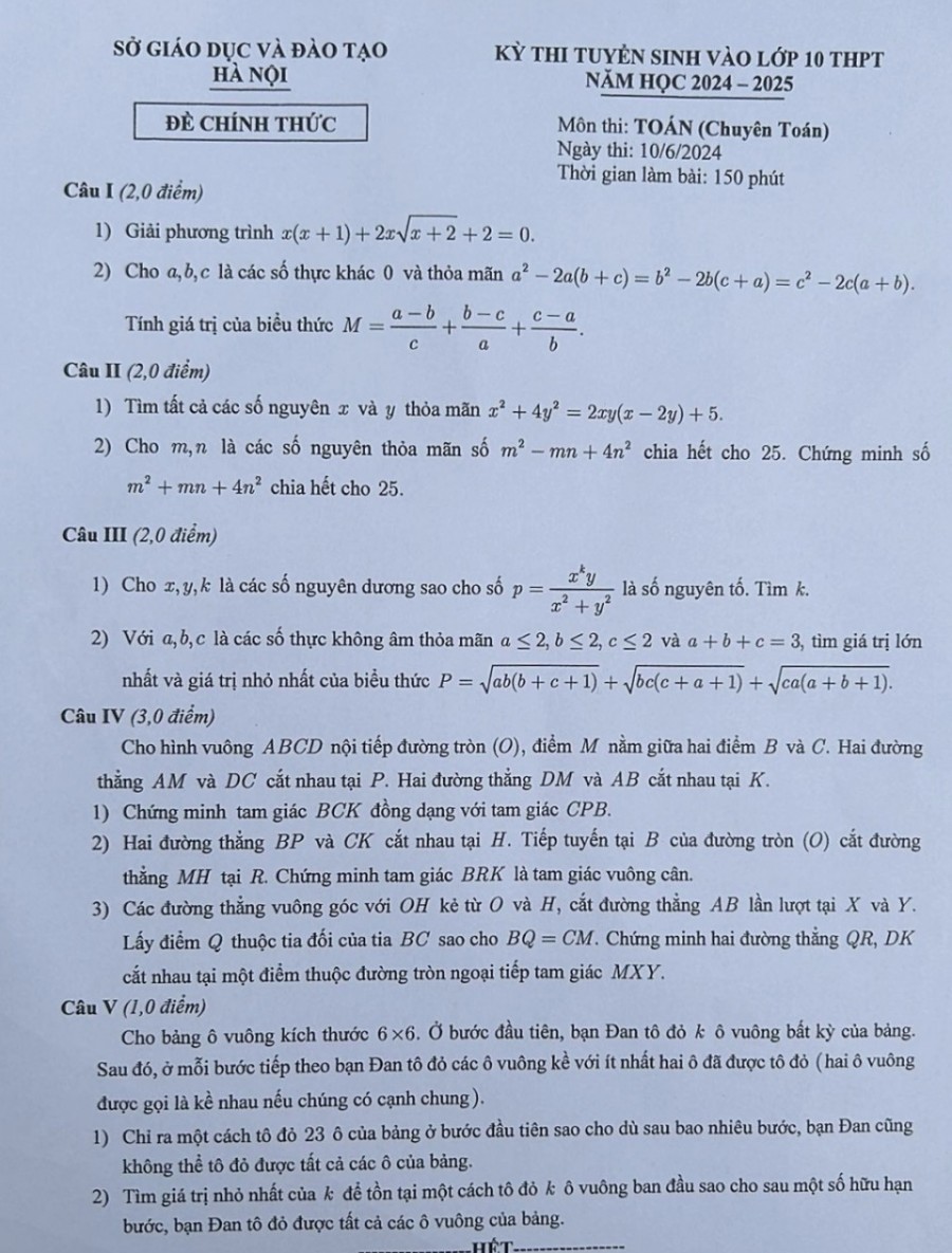Đề thi vào 10 chuyên Toán Sở GDĐT Hà Nội năm 2024,Đề thi vào 10 chuyên Toán Sở GDĐT Hà Nội,Đề thi vào 10 chuyên Toán