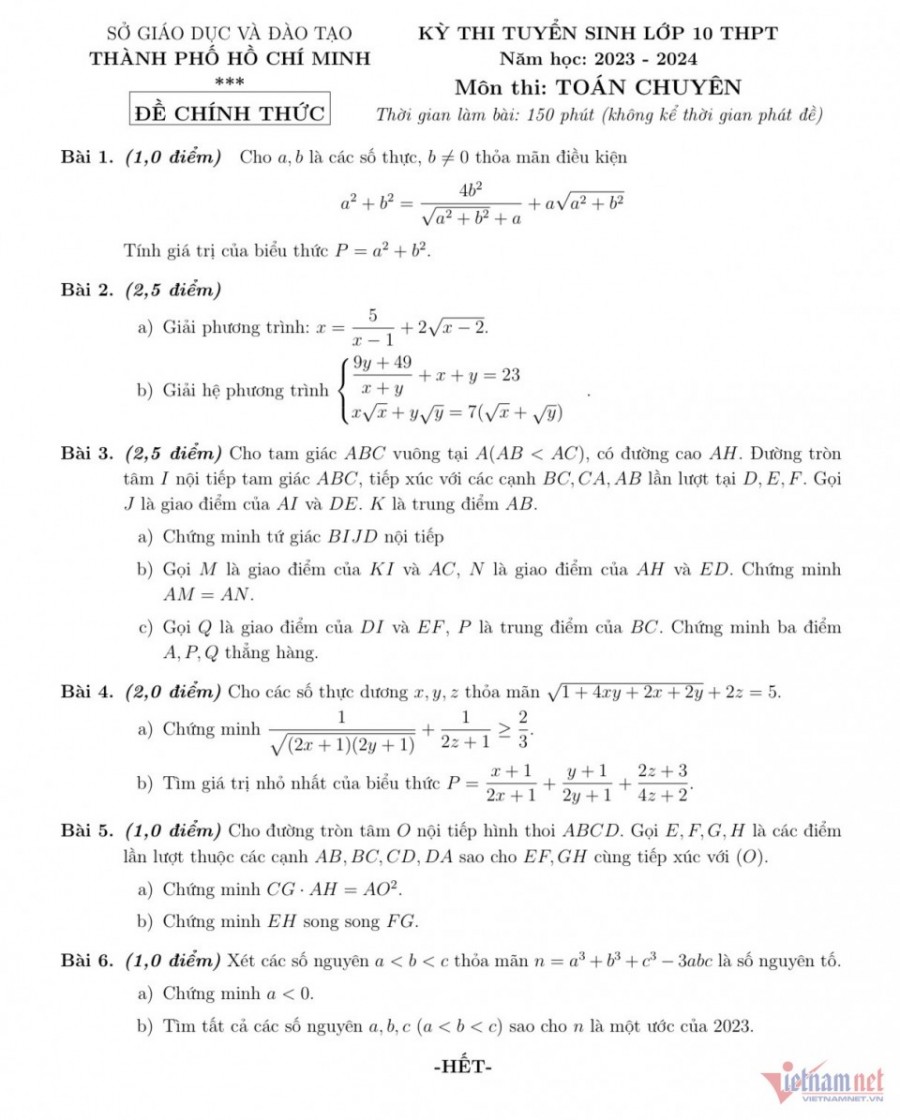 Đề thi vào 10 chuyên Toán Sở GD Hồ Chí Minh năm 2023
