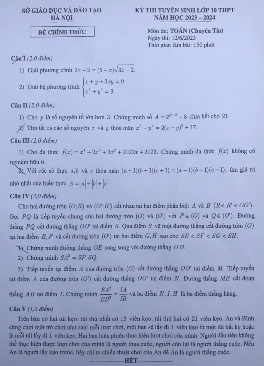 Đề thi tuyển sinh lớp 10 môn Toán Sở GDĐT Hà Nội năm 2023,Đề thi tuyển sinh lớp 10 môn Toán