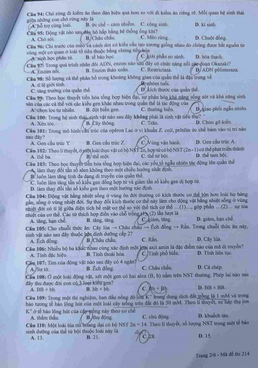 Đề thi môn Sinh Học mã đề 214 - Tốt nghiệp THPT 2024,Đề thi môn Sinh Học Tốt nghiệp THPT 2024