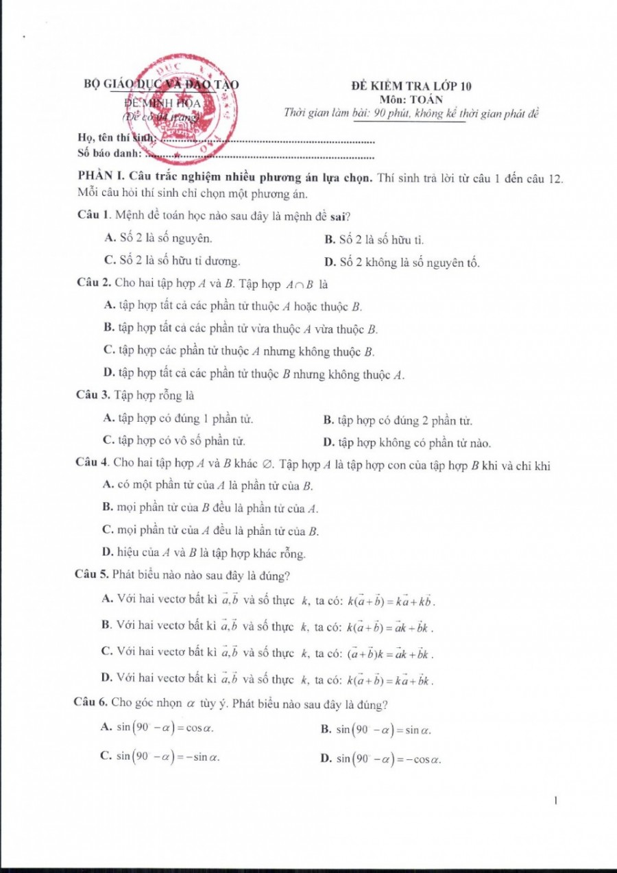 Đề kiểm tra môn Toán lớp 10