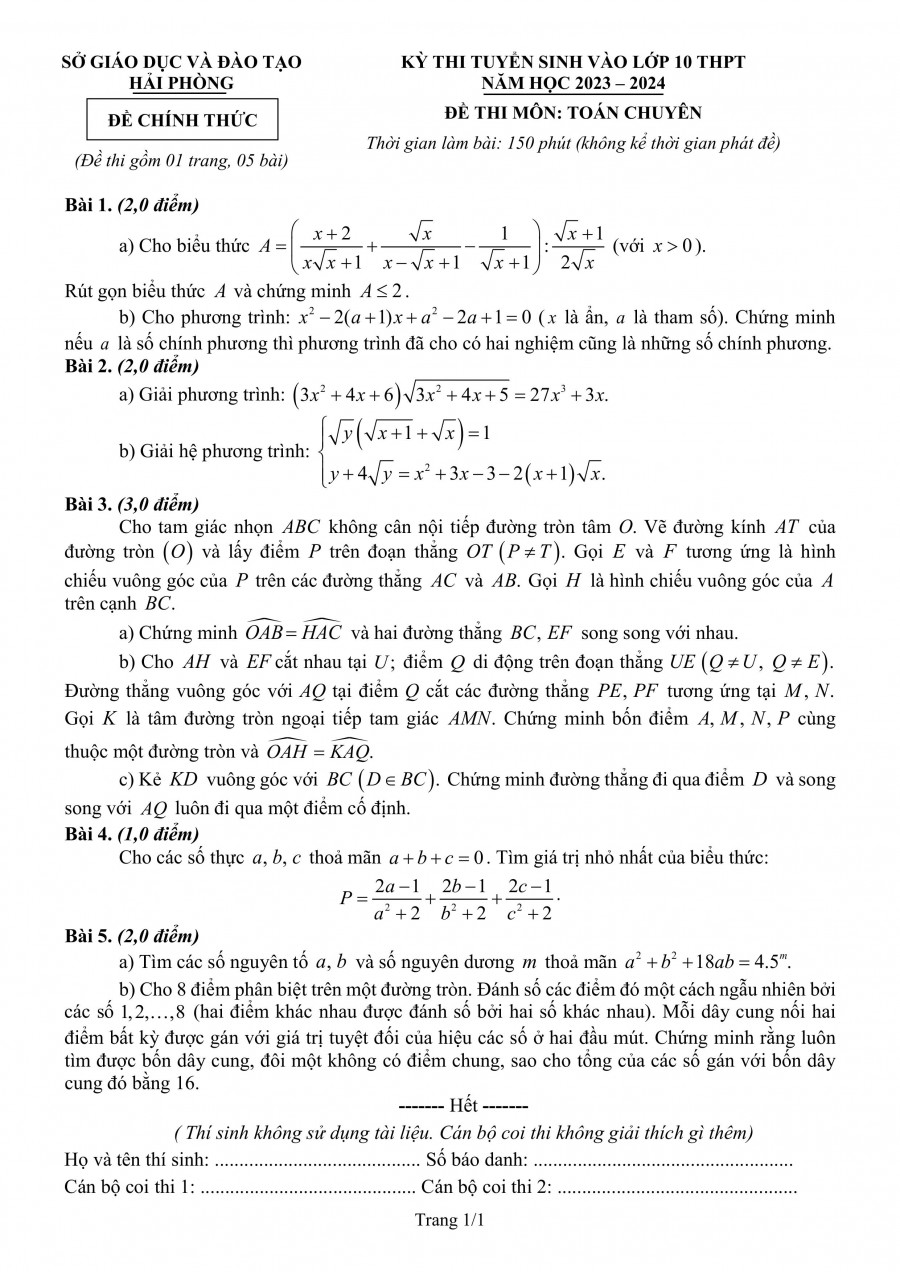 Đề thi vào 10 chuyên toán Sở GD Hải Phòng năm 2023,Đề thi vào 10 chuyên toán