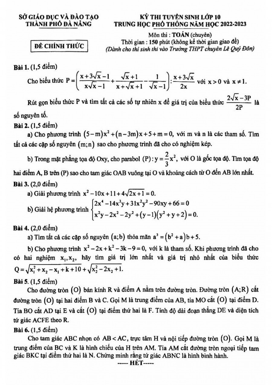 Đề thi vào 10 chuyên toán Đà Nẵng năm 2022,Đề thi vào 10 chuyên toán