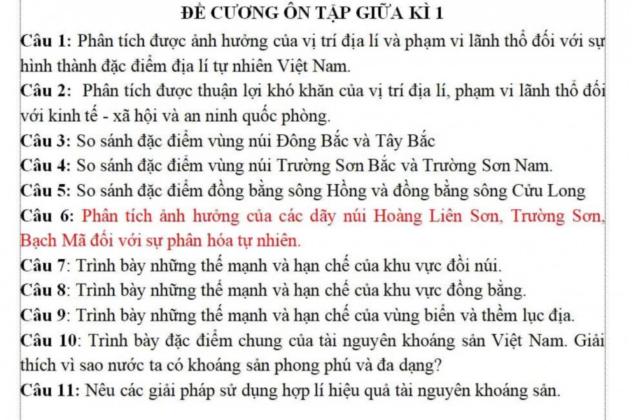 Đề cương giữa học kì 1 môn Địa Lý 8